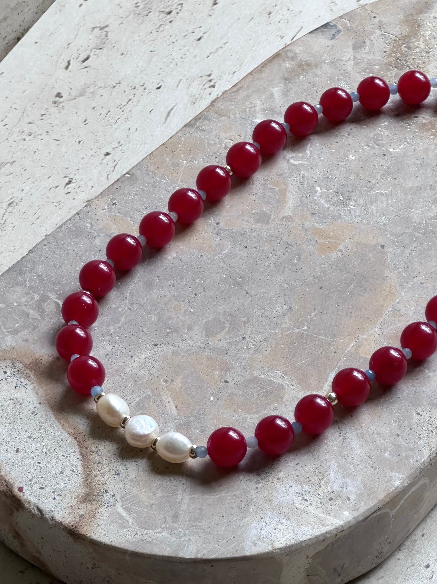 Red Beaded Necklace (Gold & Silver)