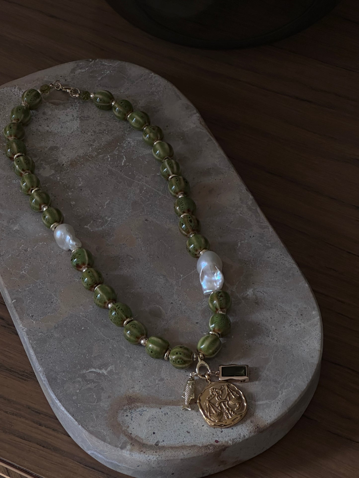 Green Stripe Beaded Necklace (Gold & Silver)