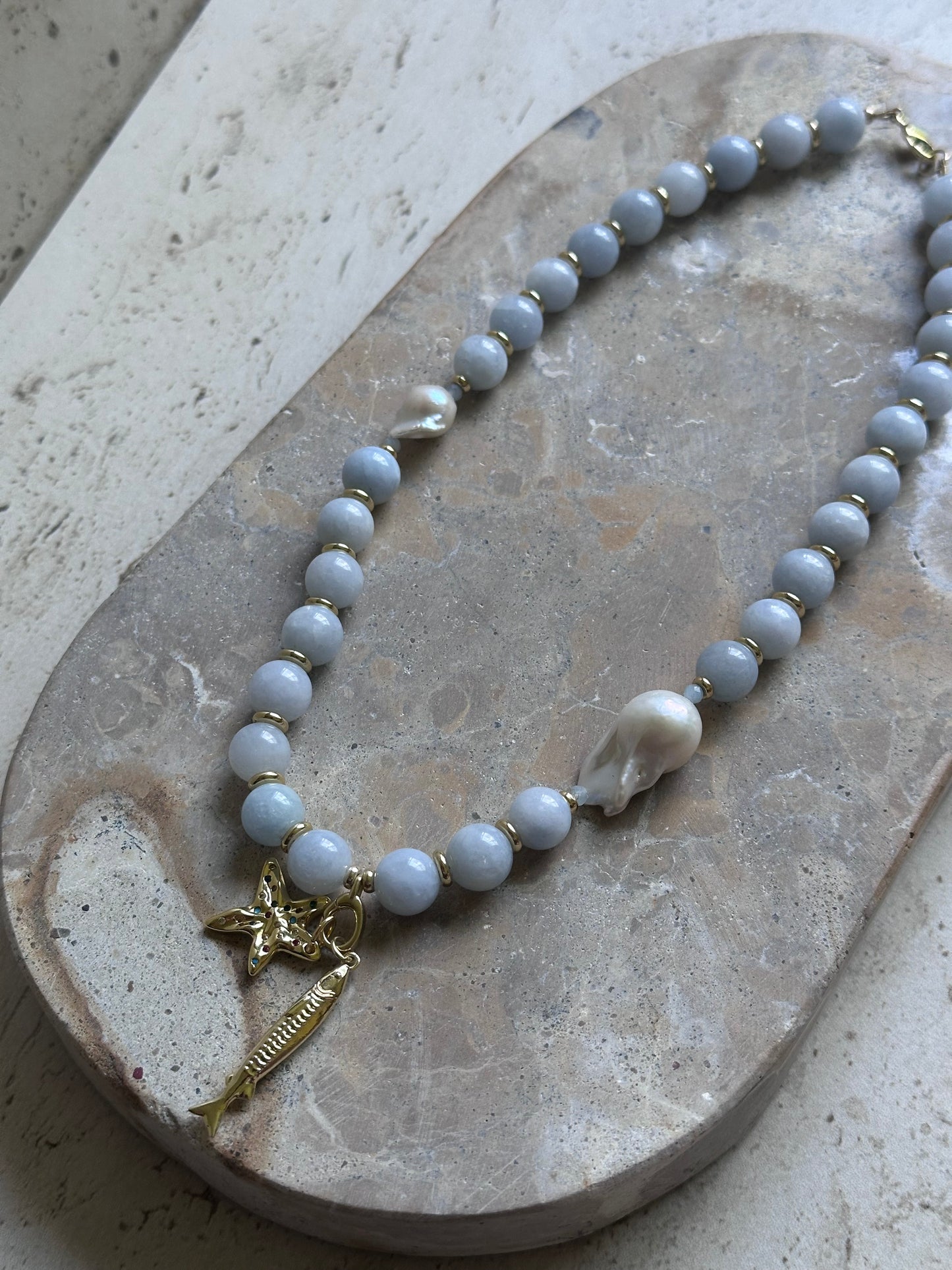 Blue Beaded Necklace (Gold & Silver)