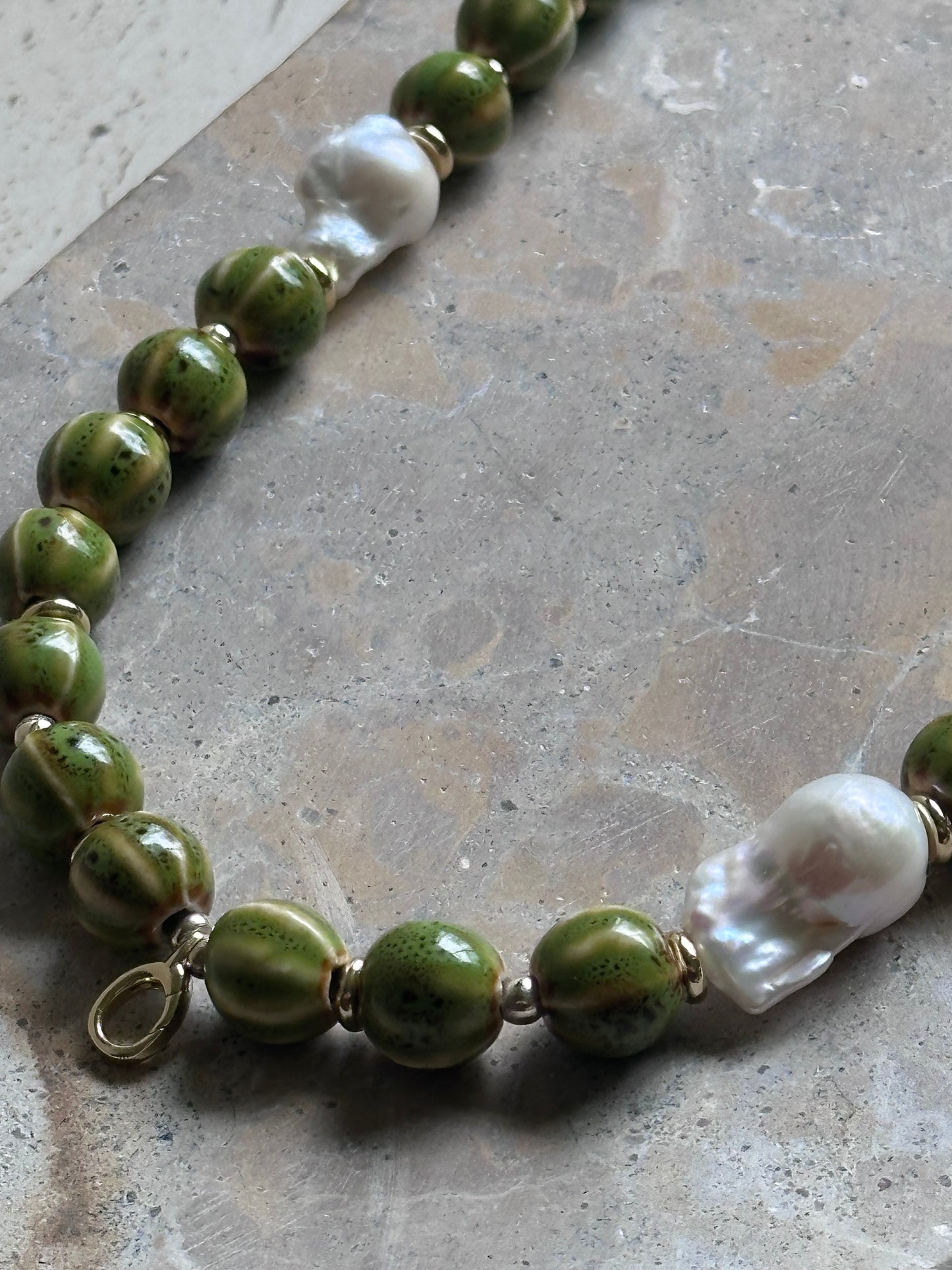 Green Stripe Beaded Necklace (Gold & Silver)