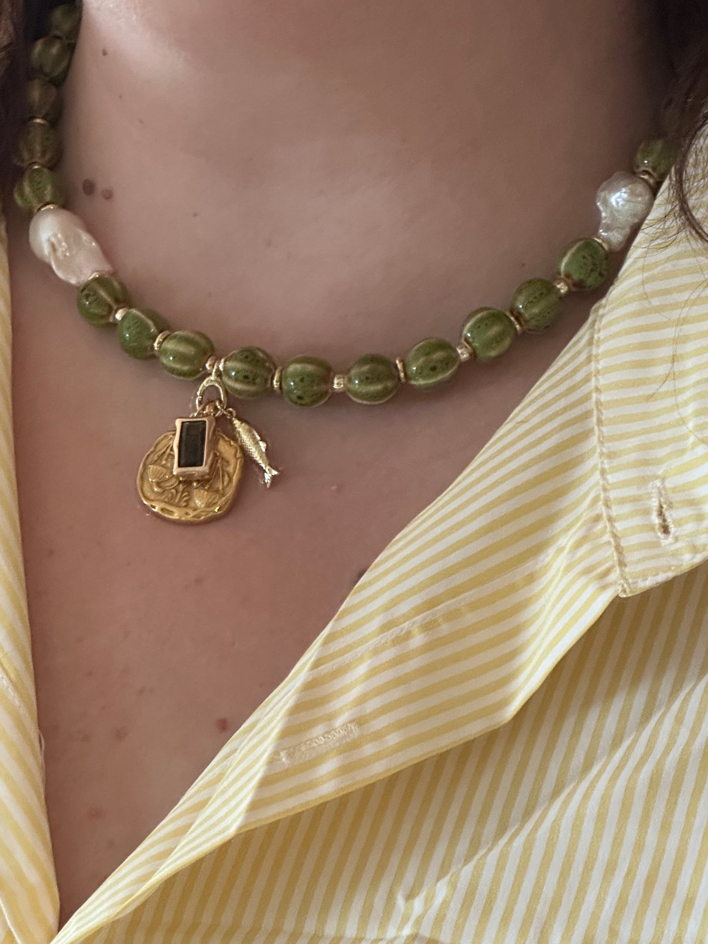 Green Stripe Beaded Necklace (Gold & Silver)