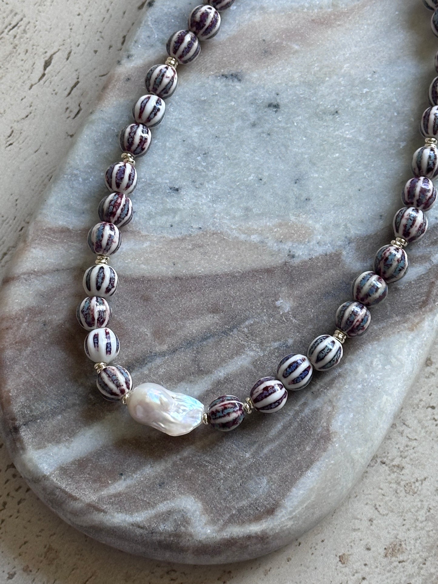 Purple Stripe Beaded Necklace (Gold & Silver)