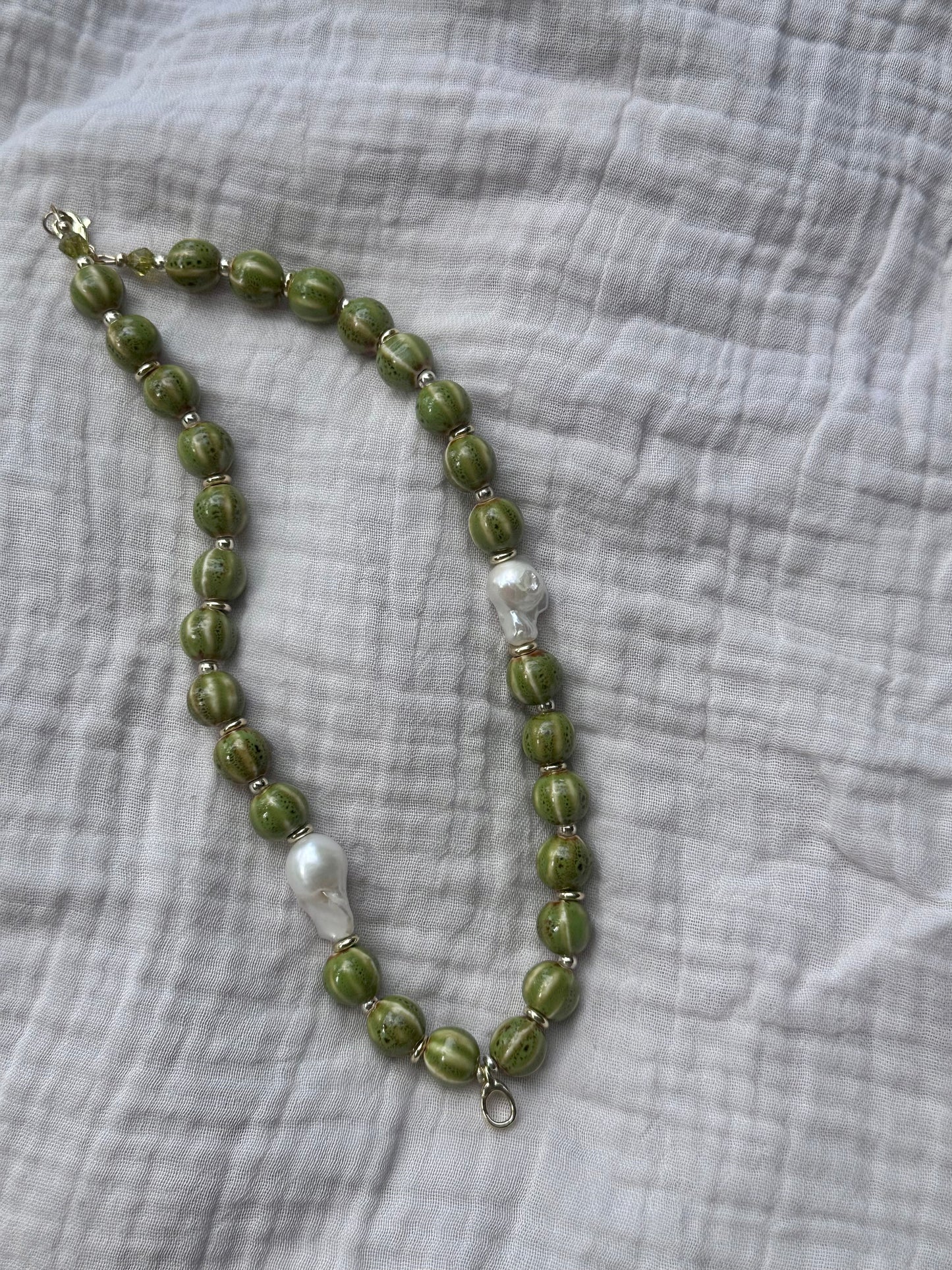 Green Stripe Beaded Necklace (Gold & Silver)