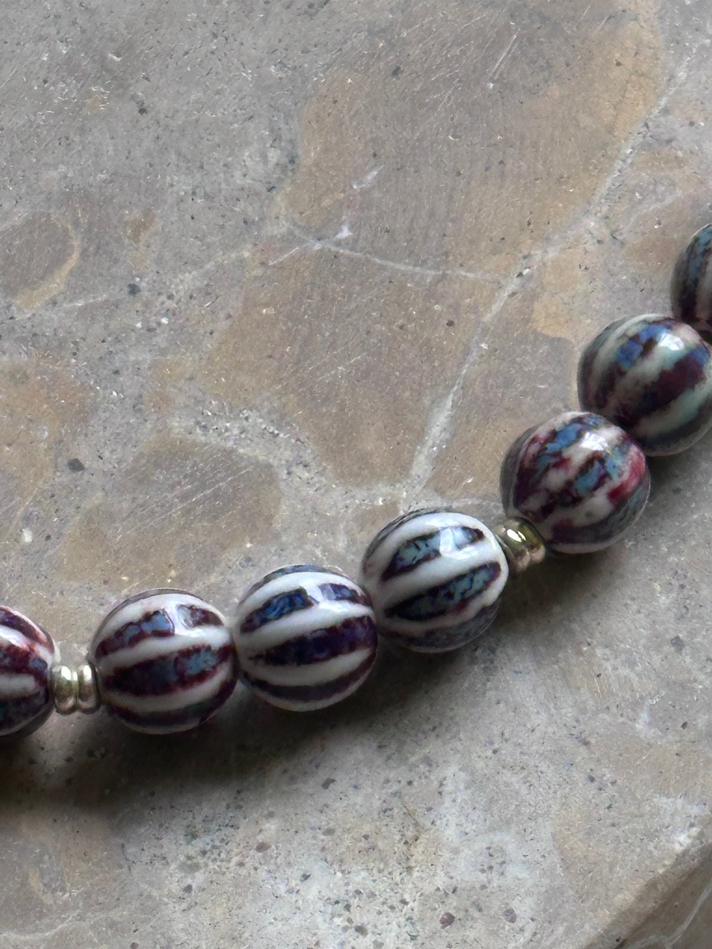 Purple Stripe Beaded Necklace (Gold & Silver)