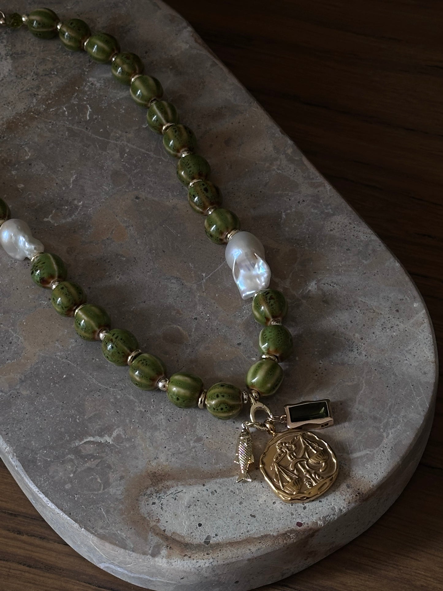 Green Stripe Beaded Necklace (Gold & Silver)