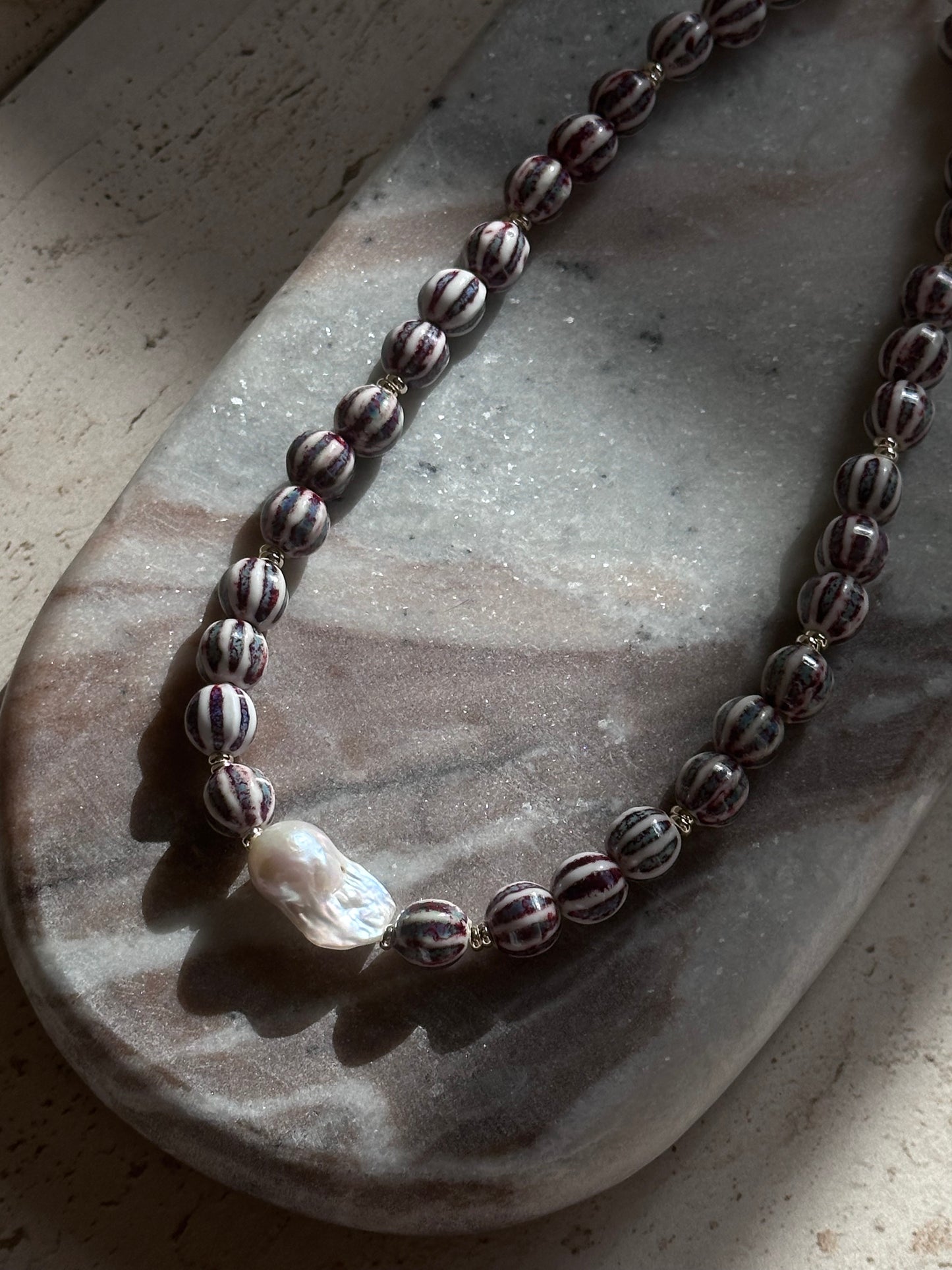 Purple Stripe Beaded Necklace (Gold & Silver)