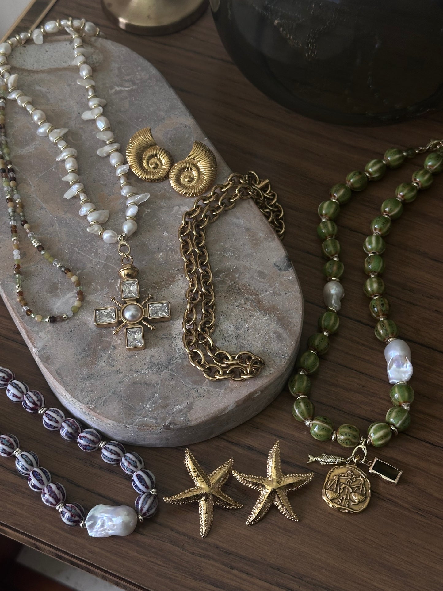 Green Stripe Beaded Necklace (Gold & Silver)