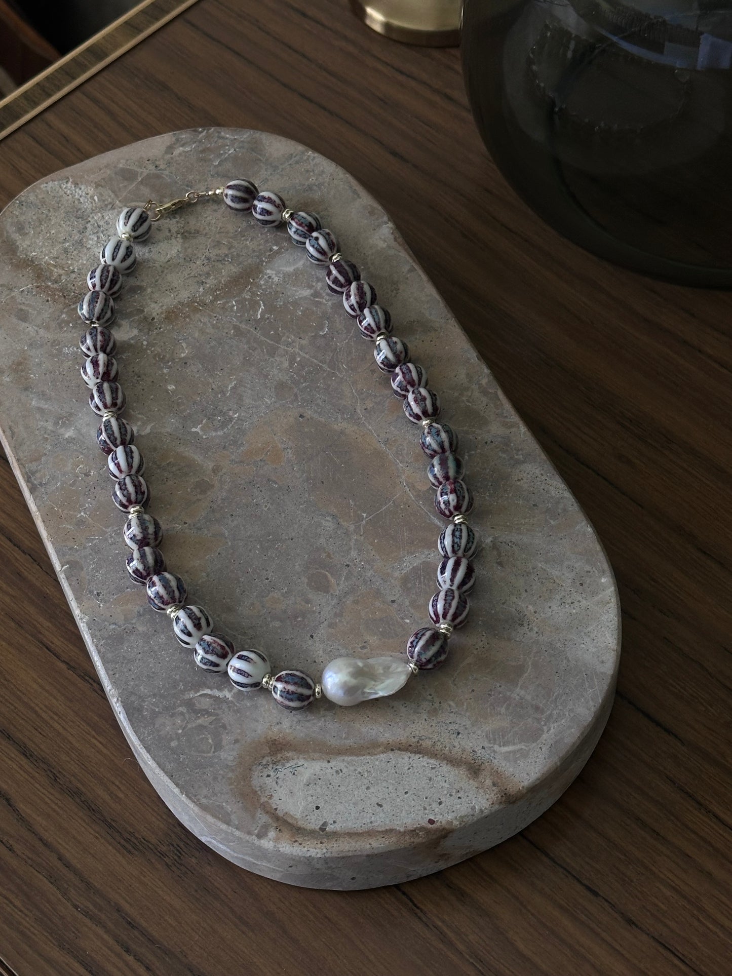 Purple Stripe Beaded Necklace (Gold & Silver)