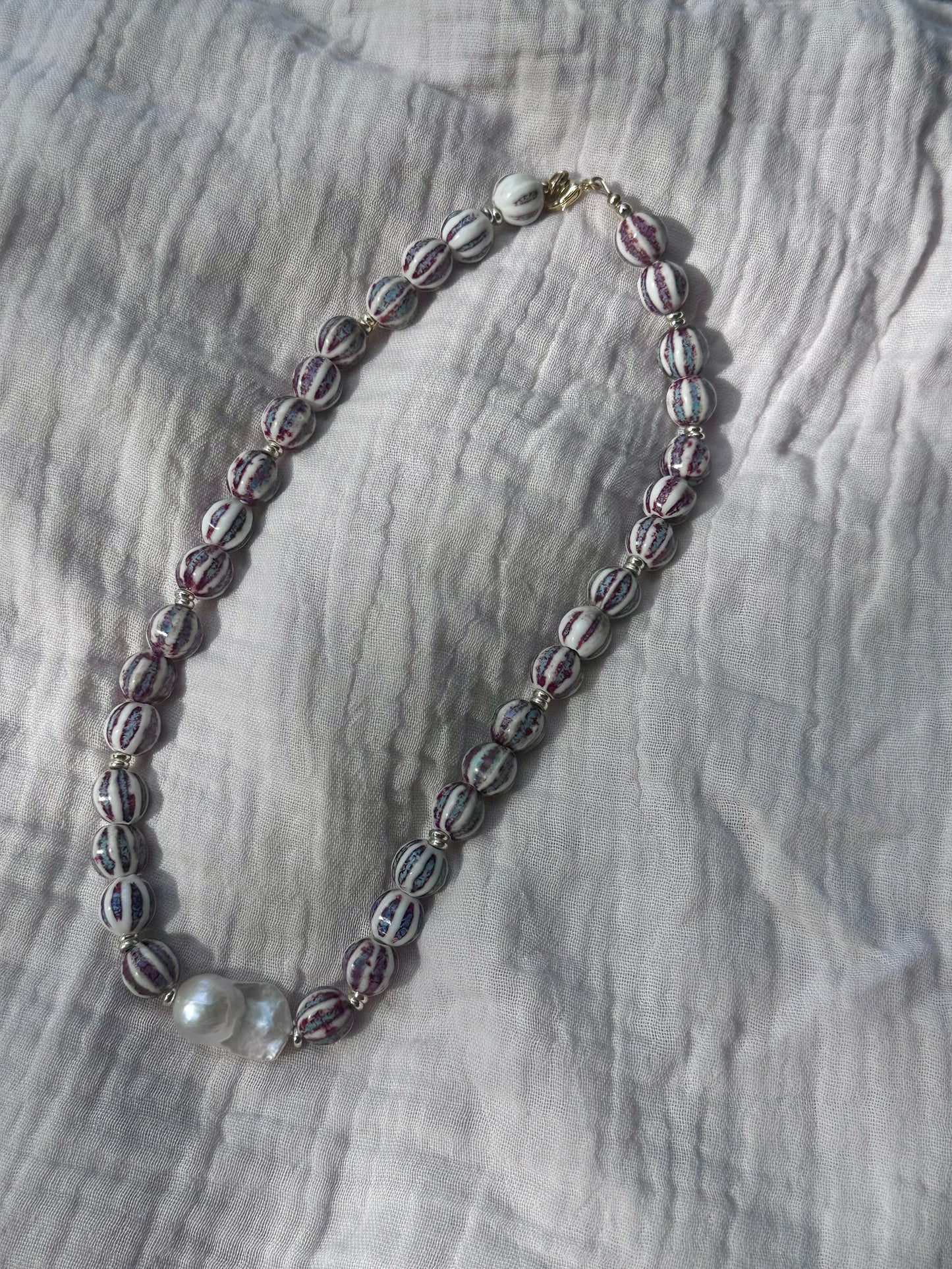 Purple Stripe Beaded Necklace (Gold & Silver)