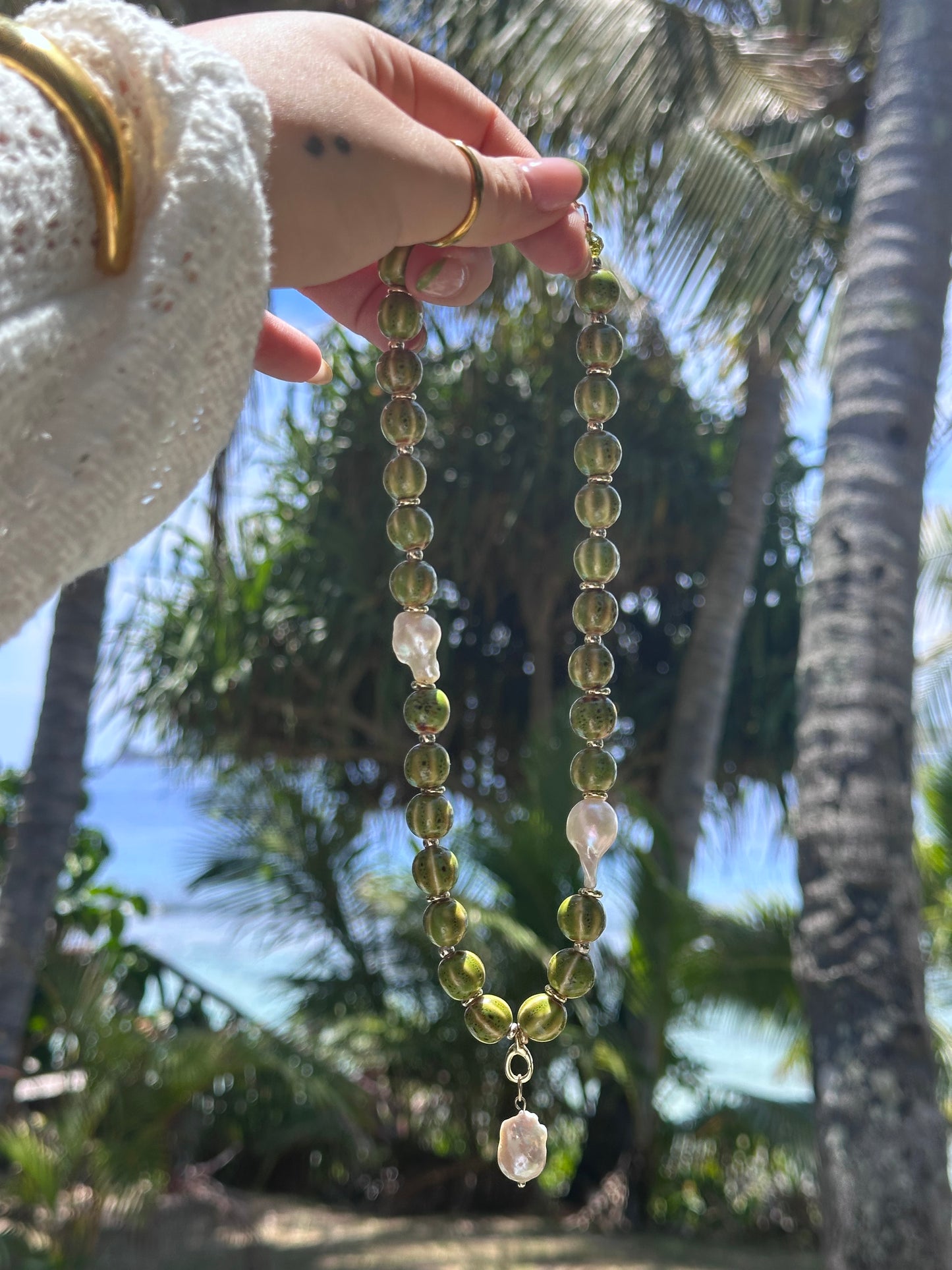 Green Stripe Beaded Necklace (Gold & Silver)