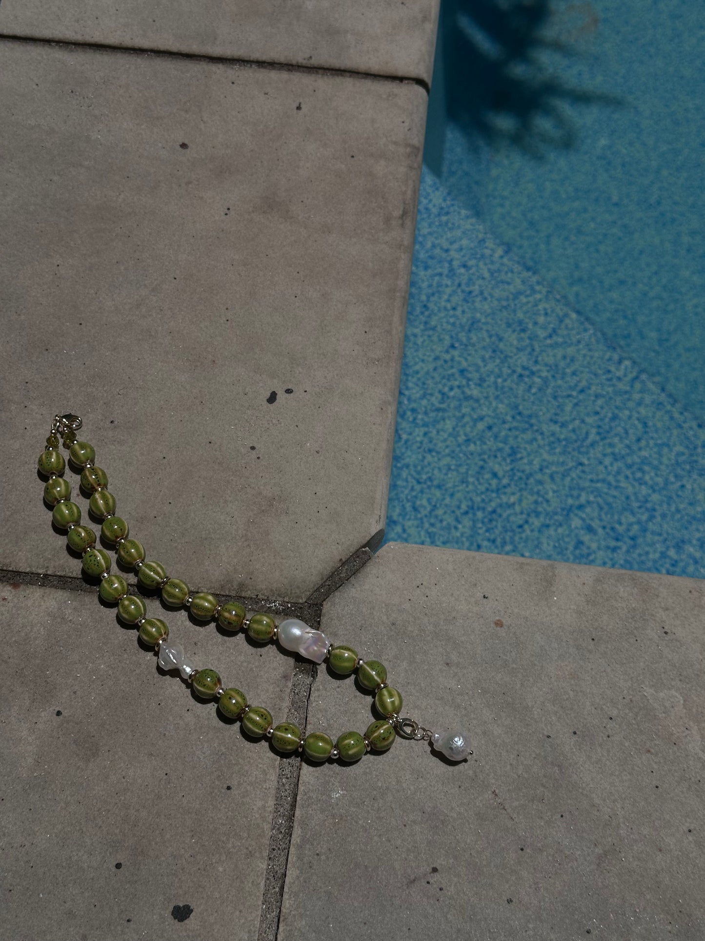 Green Stripe Beaded Necklace (Gold & Silver)
