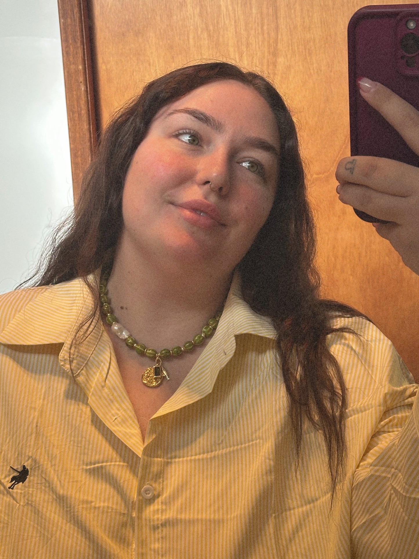 Green Stripe Beaded Necklace (Gold & Silver)
