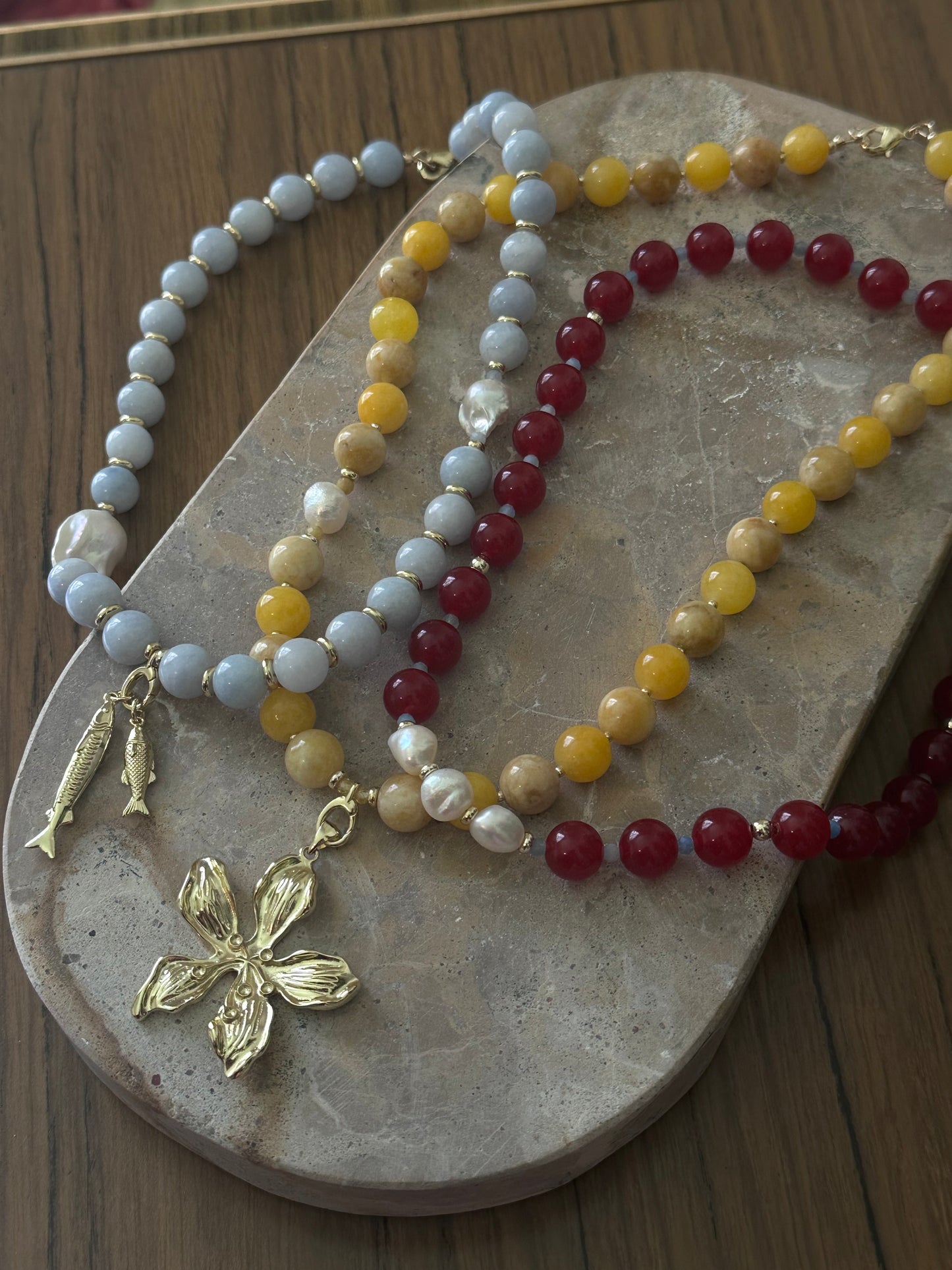 Blue Beaded Necklace (Gold & Silver)