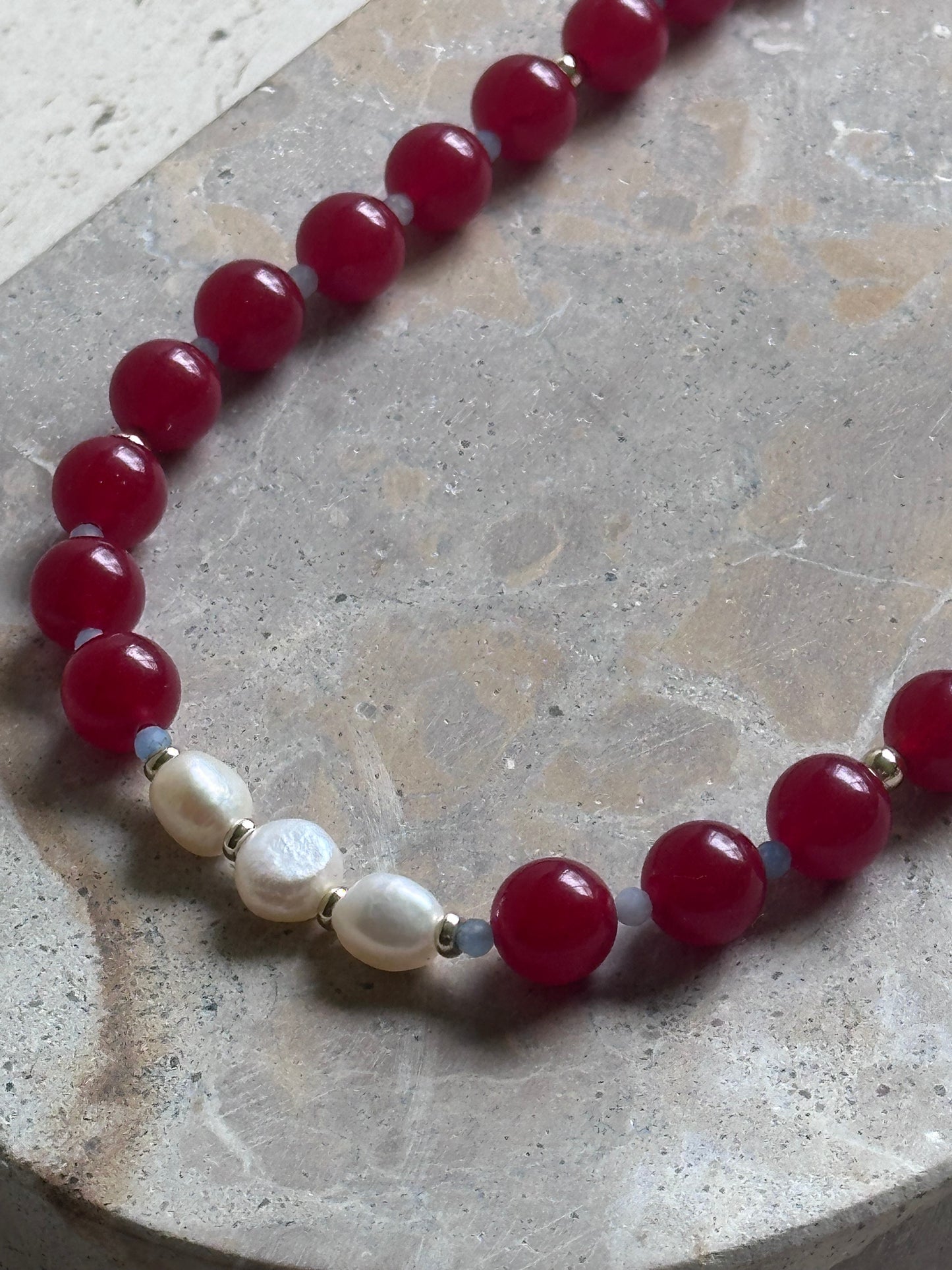 Red Beaded Necklace (Gold & Silver)