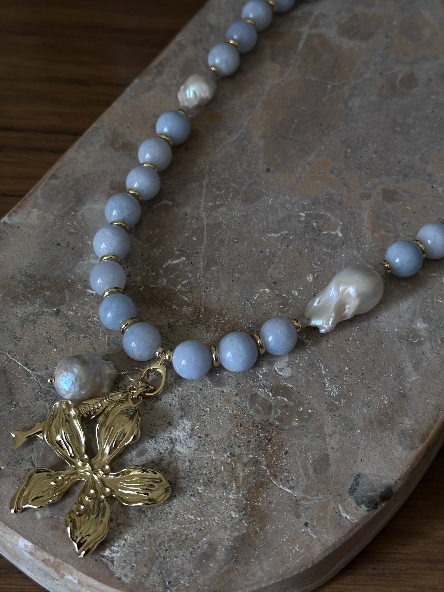 Blue Beaded Necklace (Gold & Silver)