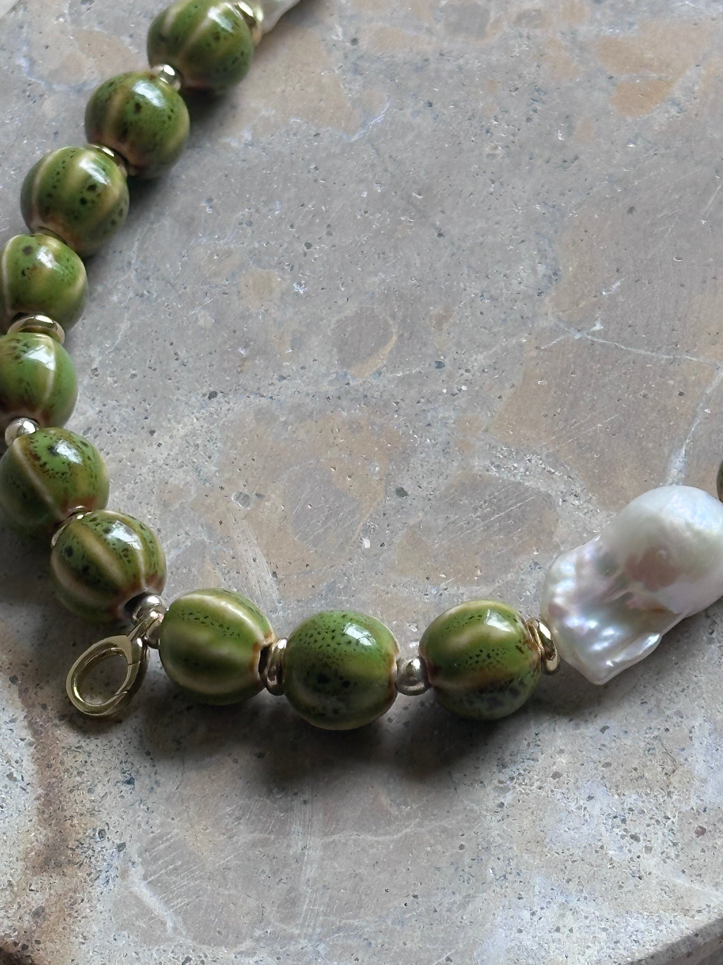 Green Stripe Beaded Necklace (Gold & Silver)