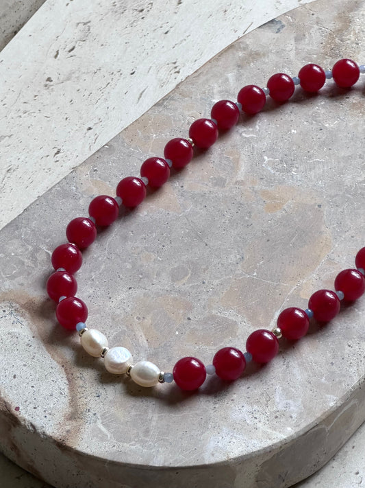 Red Beaded Necklace (Gold & Silver)