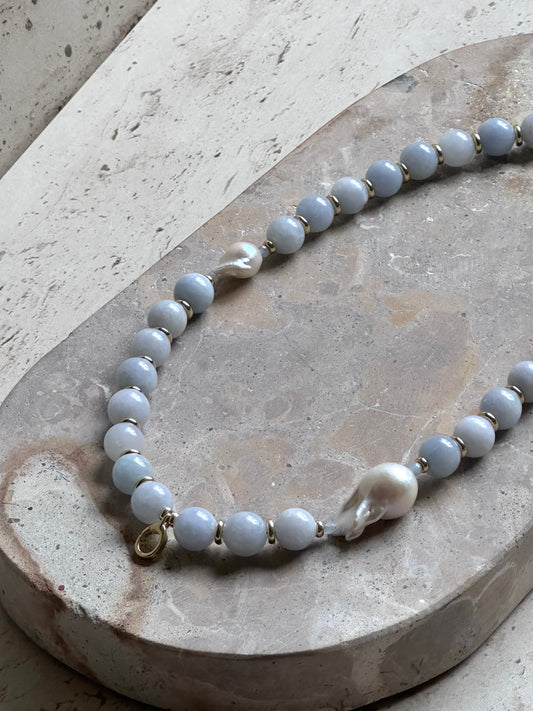 Blue Beaded Necklace (Gold & Silver)