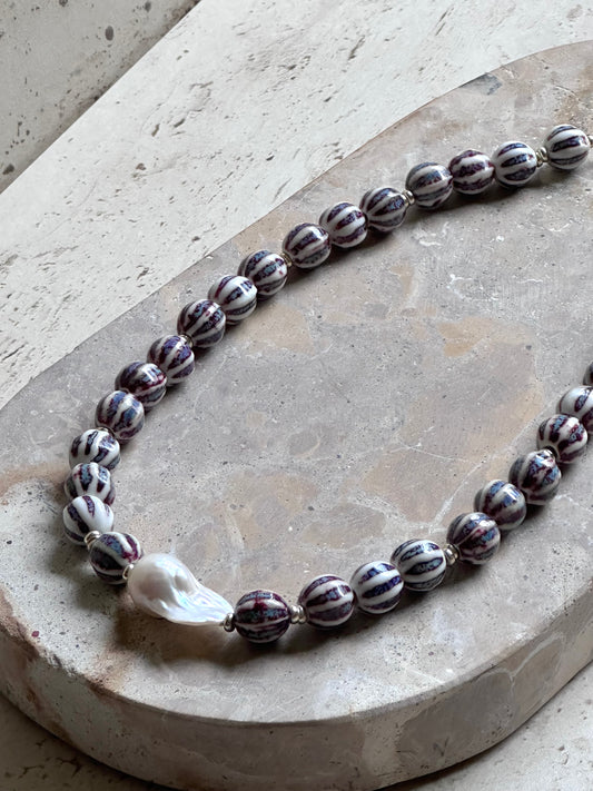 Purple Stripe Beaded Necklace (Gold & Silver)