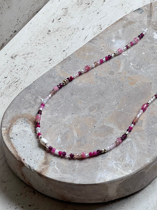 Pink dainty Beaded Necklace (Gold & Silver)