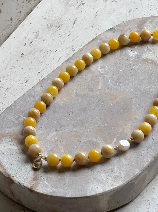 Yellow Jade Beaded Necklace (Gold & Silver)