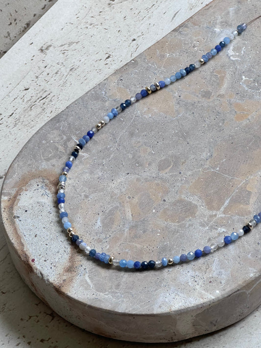Blue dainty Beaded Necklace (Gold & Silver)